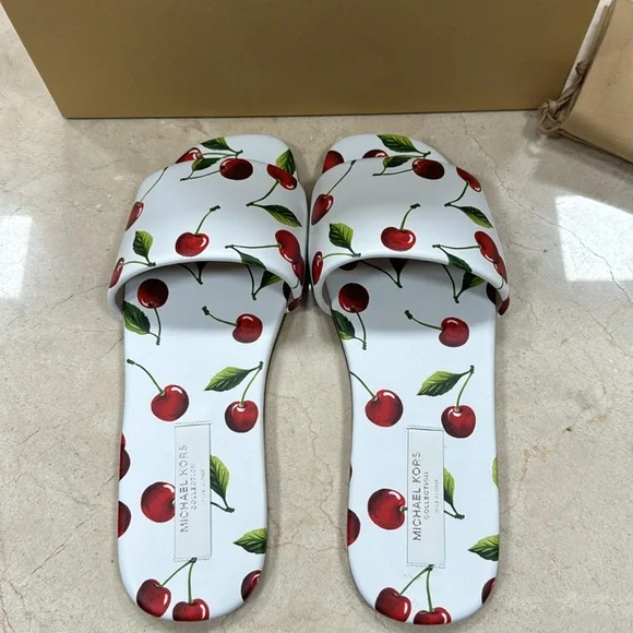 MICHAEL KORS COLLECTION DELPHINE RUNWAY PRINTED LEATHER SLIDES IN CHERRY US 8 - Picture 9 of 14